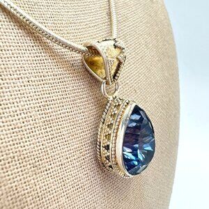 Sterling Silver 925 Royal Blue Topaz Pear Shape Pendant 22" Serpentine Chain